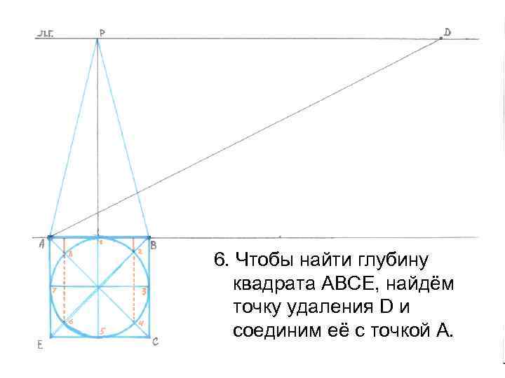 6. Чтобы найти глубину квадрата АВСЕ, найдём точку удаления D и соединим её с