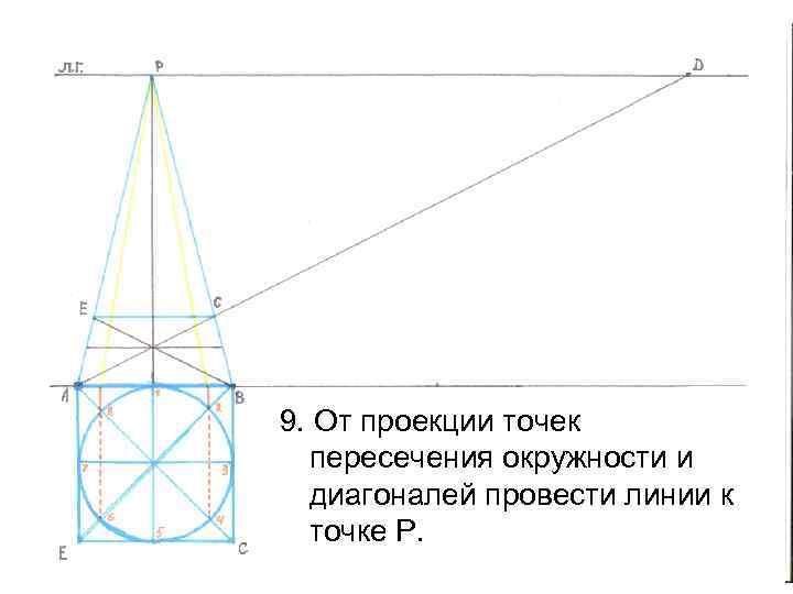 9. От проекции точек пересечения окружности и диагоналей провести линии к точке Р. 