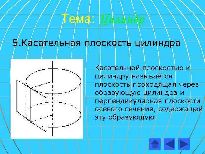 Тема: Цилиндр 5. Касательная плоскость цилиндра Касательной плоскостью к цилиндру называется плоскость проходящая через