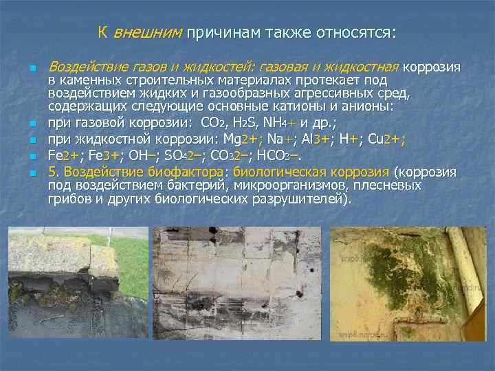 К внешним причинам также относятся: n n n Воздействие газов и жидкостей: газовая и