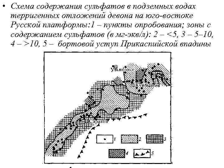  • Схема содержания сульфатов в подземных водах терригенных отложений девона на юго-востоке Русской
