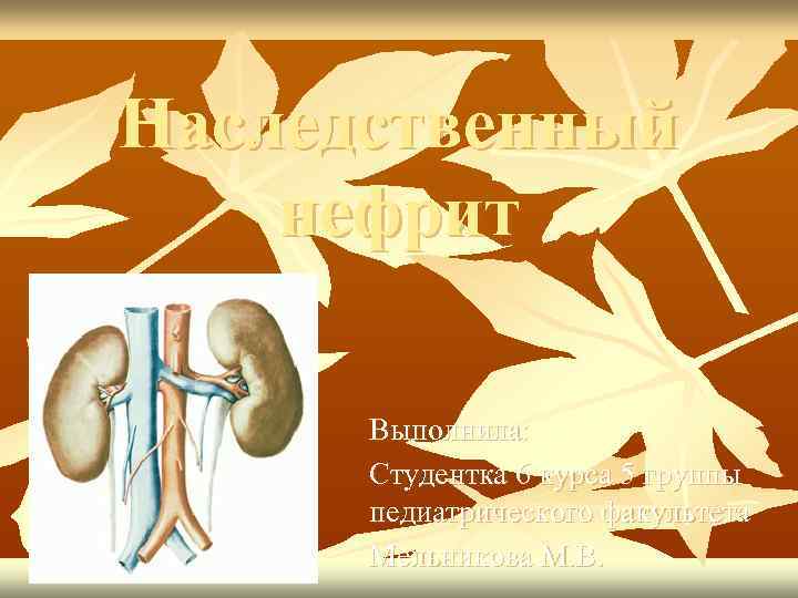 Наследственный нефрит Выполнила: Студентка 6 курса 5 группы педиатрического факультета Мельникова М. В. 