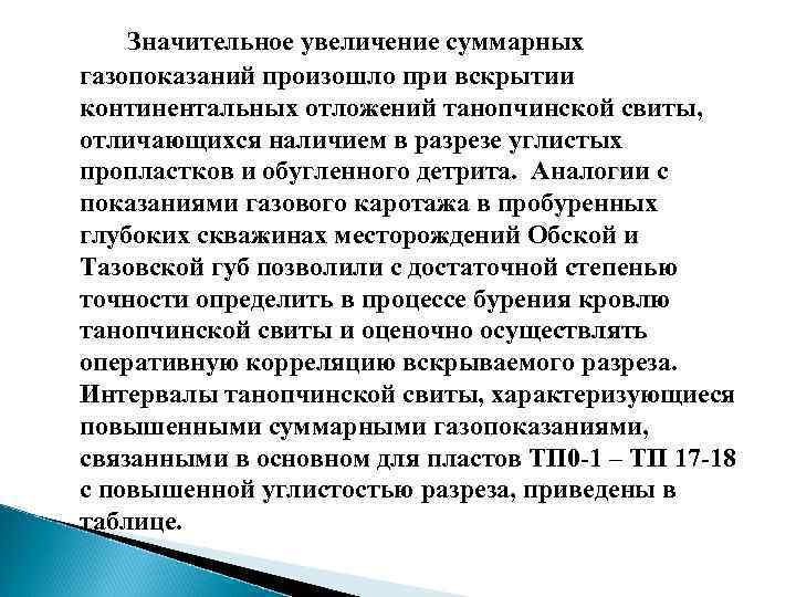 Значительное увеличение суммарных газопоказаний произошло при вскрытии континентальных отложений танопчинской свиты, отличающихся наличием в