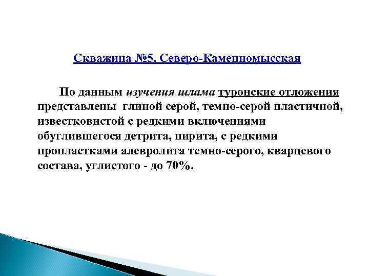 Скважина № 5, Северо-Каменномысская По данным изучения шлама туронские отложения представлены глиной серой, темно-серой