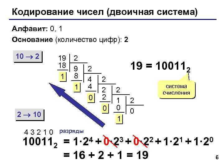 Кодирование чисел (двоичная система) Алфавит: 0, 1 Основание (количество цифр): 2 10 2 19