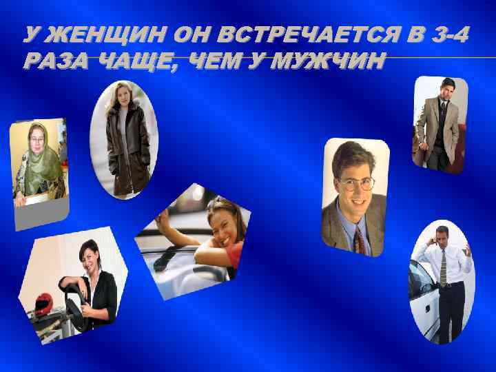 У ЖЕНЩИН ОН ВСТРЕЧАЕТСЯ В 3 -4 РАЗА ЧАЩЕ, ЧЕМ У МУЖЧИН 