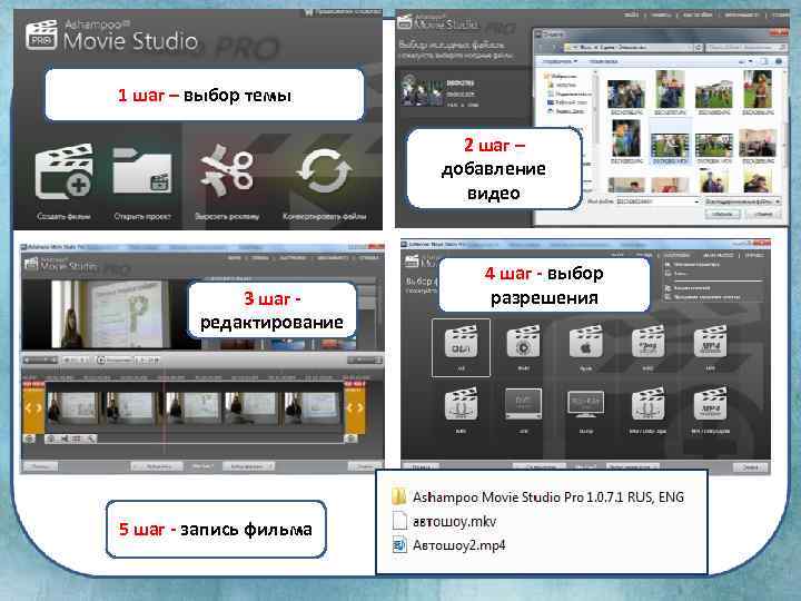 1 шаг – выбор темы 2 шаг – добавление видео 3 шаг редактирование 5