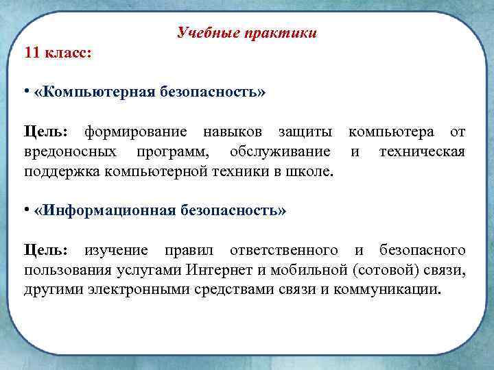 Учебные практики 11 класс: • «Компьютерная безопасность» Цель: формирование навыков защиты компьютера от вредоносных
