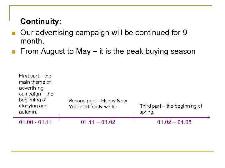 n n Continuity: Our advertising campaign will be continued for 9 month. From August