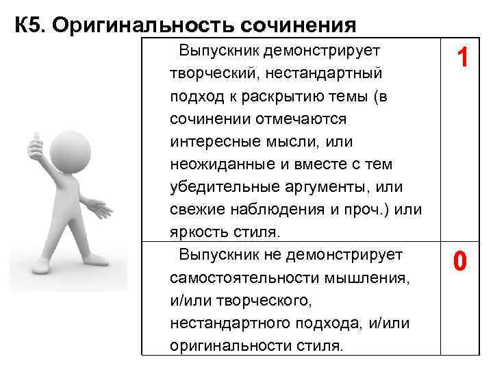 К 5. Оригинальность сочинения Выпускник демонстрирует творческий, нестандартный подход к раскрытию темы (в сочинении