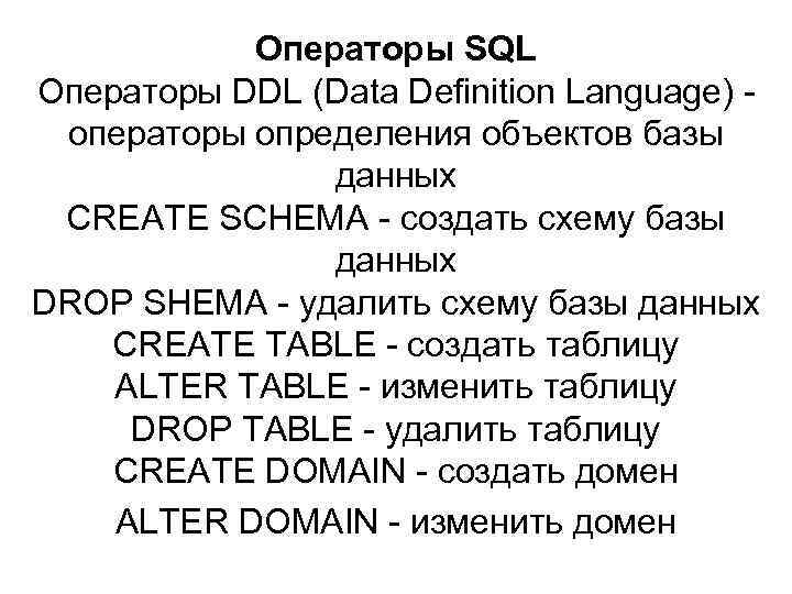 Операторы SQL Операторы DDL (Data Definition Language) операторы определения объектов базы данных CREATE SCHEMA