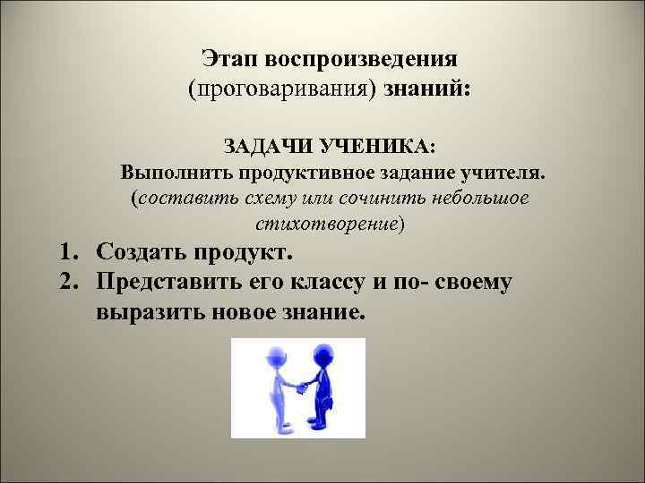 Этап воспроизведения (проговаривания) знаний: ЗАДАЧИ УЧЕНИКА: Выполнить продуктивное задание учителя. (составить схему или сочинить