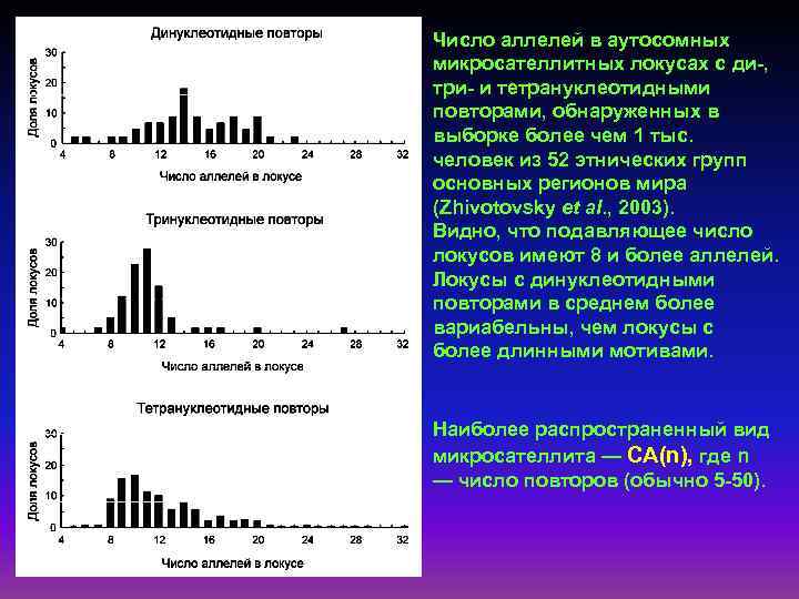 Число аллелей в аутосомных микросателлитных локусах с ди-, три- и тетрануклеотидными повторами, обнаруженных в