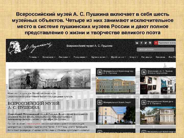 Всероссийский музей А. С. Пушкина включает в себя шесть музейных объектов. Четыре из них