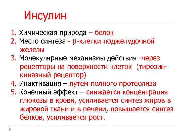Инсулин 1. Химическая природа – белок 2. Место синтеза - -клетки поджелудочной железы 3.