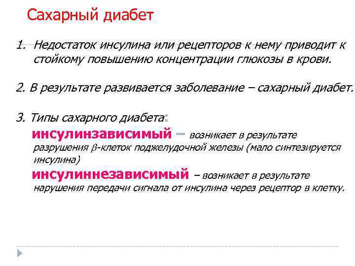Сахарный диабет 1. Недостаток инсулина или рецепторов к нему приводит к стойкому повышению концентрации