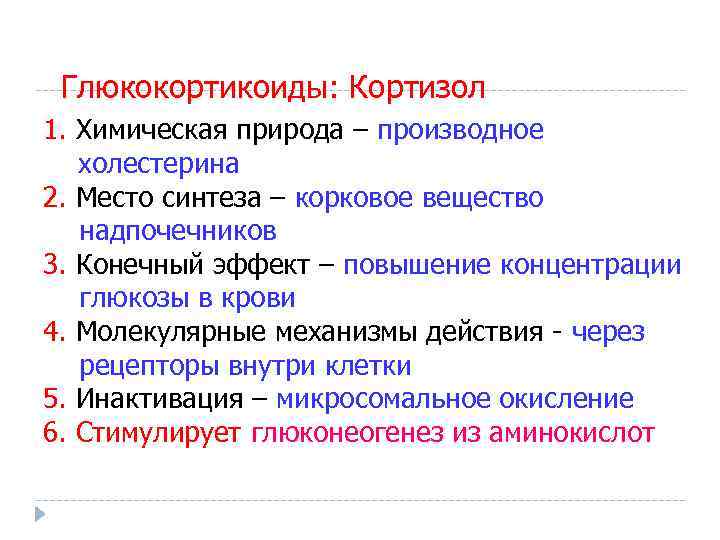 Глюкокортикоиды: Кортизол 1. Химическая природа – производное холестерина 2. Место синтеза – корковое вещество