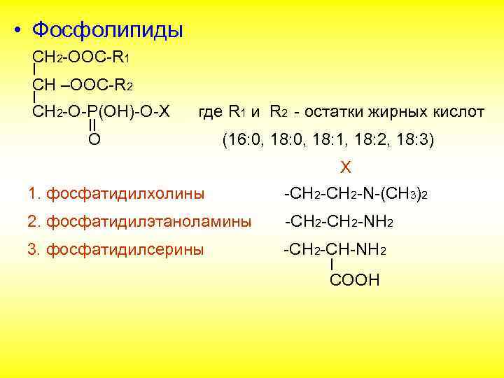  • Фосфолипиды СН 2 -ООС-R 1 I CH –OOC-R 2 I CH 2