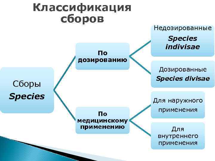 Классификация сборов По дозированию Недозированные Species indivisae Дозированные Species divisae Сборы Species Для наружного