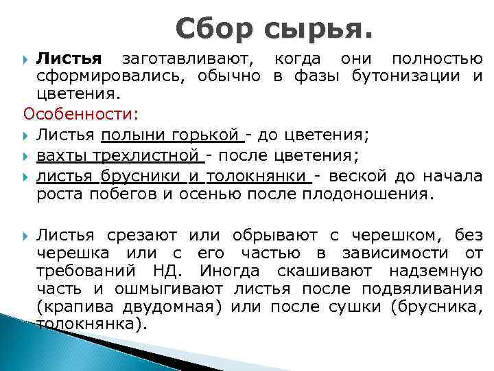 Сбор сырья. Листья заготавливают, когда они полностью сформировались, обычно в фазы бутонизации и цветения.