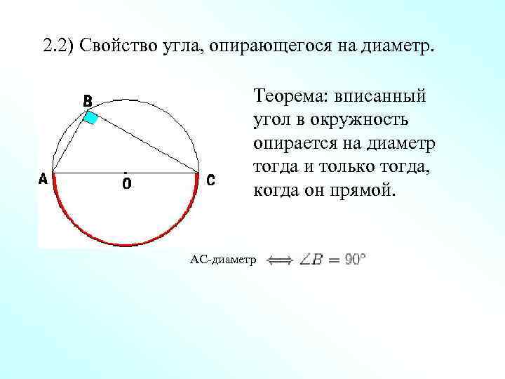 2. 2) Свойство угла, опирающегося на диаметр. Теорема: вписанный угол в окружность опирается на