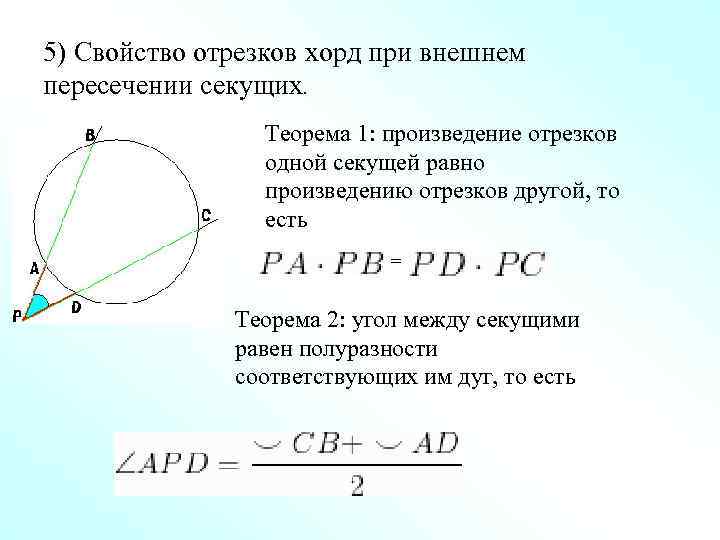 5) Свойство отрезков хорд при внешнем пересечении секущих. Теорема 1: произведение отрезков одной секущей