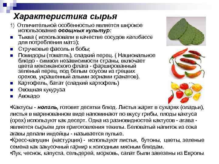Характеристика сырья 1) Отличительной особенностью является широкое n n n использование овощных культур: Тыква