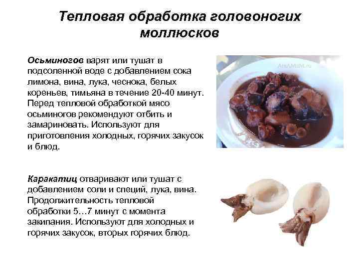 Тепловая обработка головоногих моллюсков Осьминогов варят или тушат в подсоленной воде с добавлением сока