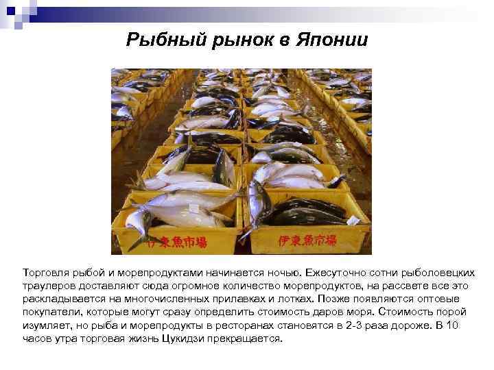Рыбный рынок в Японии Торговля рыбой и морепродуктами начинается ночью. Ежесуточно сотни рыболовецких траулеров