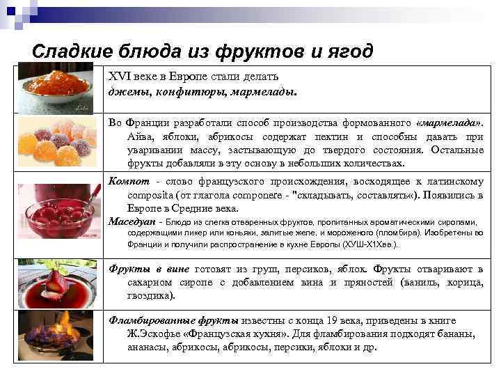 Сладкие блюда из фруктов и ягод XVI веке в Европе стали делать джемы, конфитюры,