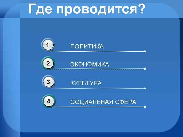 Где проводится? 1 ПОЛИТИКА 2 ЭКОНОМИКА 3 КУЛЬТУРА 4 СОЦИАЛЬНАЯ СФЕРА 