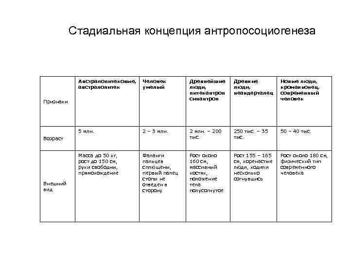 Стадиальная концепция антропосоциогенеза Австралопитековые, австралопитек Человек умелый Древнейшие люди, питекантроп синантроп Древние люди, неандерталец