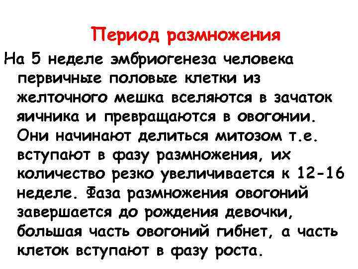 Период размножения На 5 неделе эмбриогенеза человека первичные половые клетки из желточного мешка вселяются