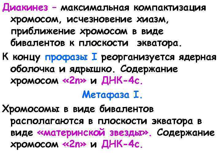 Диакинез – максимальная компактизация хромосом, исчезновение хиазм, приближение хромосом в виде бивалентов к плоскости