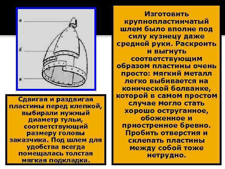 Сдвигая и раздвигая пластины перед клепкой, выбирали нужный диаметр тульи, соответствующий размеру головы заказчика.