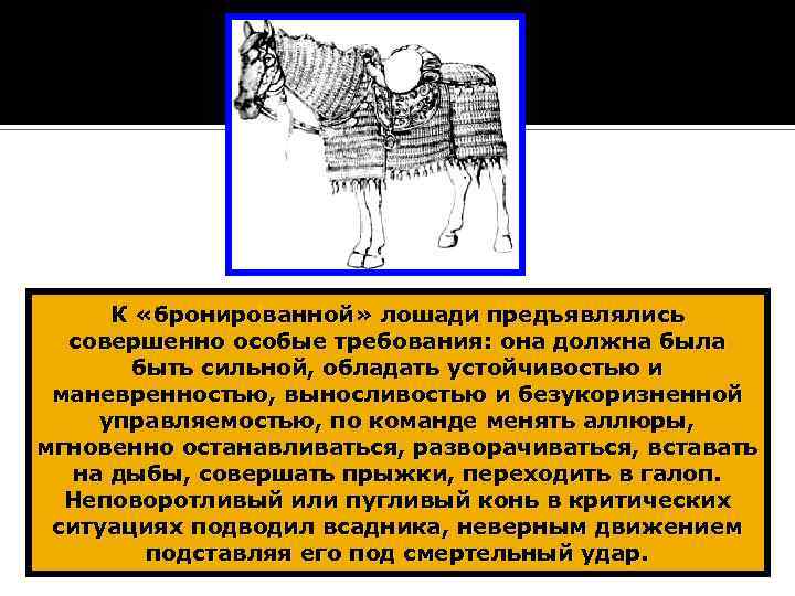 К «бронированной» лошади предъявлялись совершенно особые требования: она должна была быть сильной, обладать устойчивостью