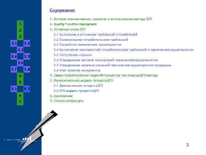 Содержание: 1. История возникновения, развития и использования метода QFD 1 2. Quality Function Deployment