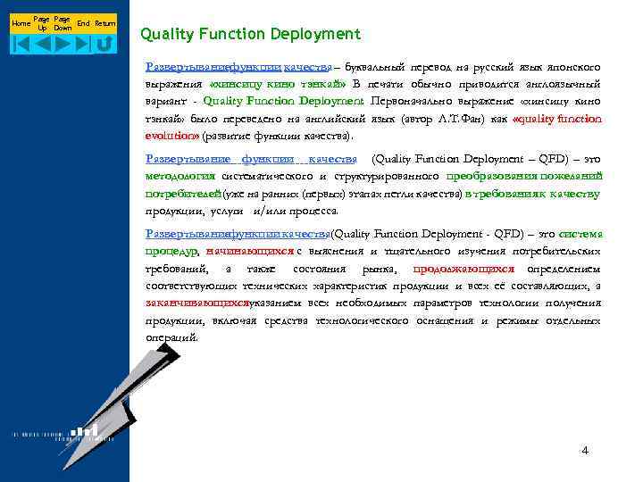 Home Page End Return Up Down Quality Function Deployment Развертываниефункции качества – буквальный перевод
