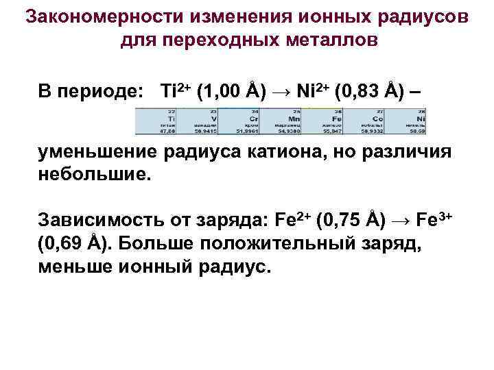 Закономерности изменения ионных радиусов для переходных металлов В периоде: Ti 2+ (1, 00 Å)