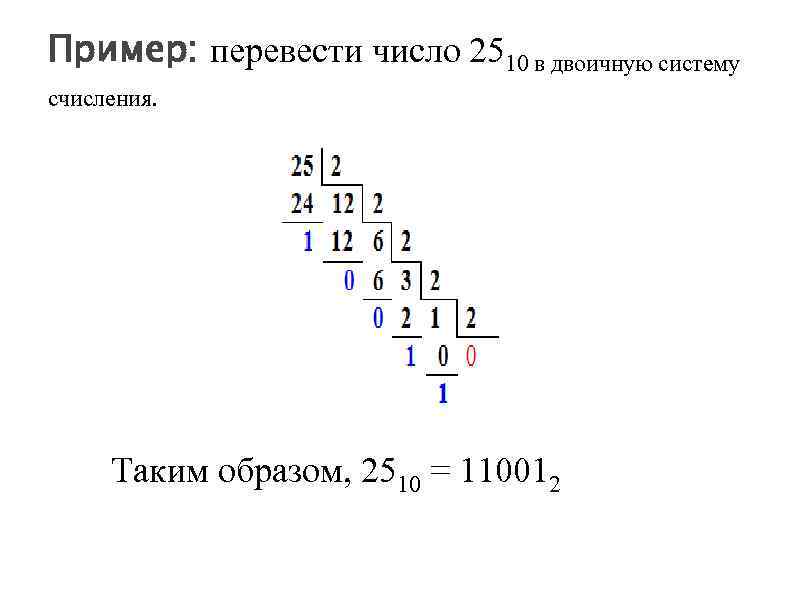 Пример: перевести число 2510 в двоичную систему счисления. Таким образом, 2510 = 110012 