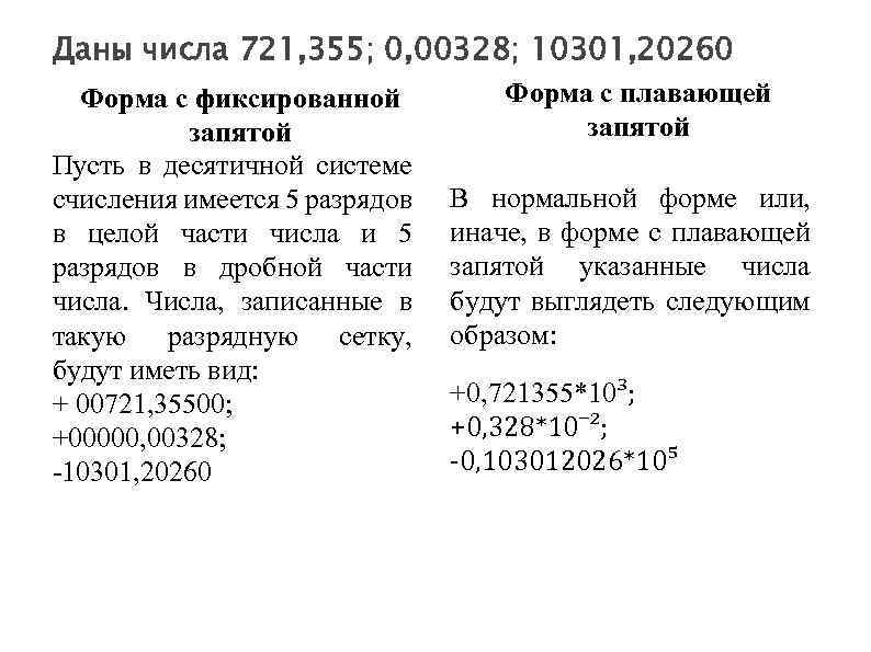 Даны числа 721, 355; 0, 00328; 10301, 20260 Форма с фиксированной запятой Пусть в