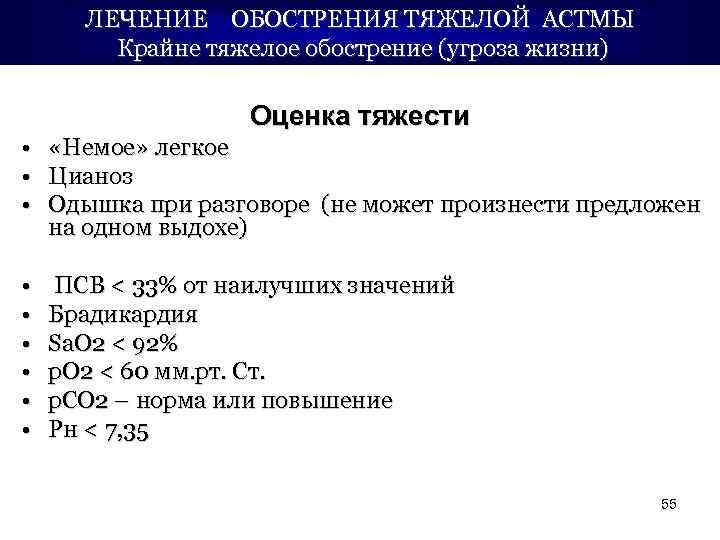 ЛЕЧЕНИЕ ОБОСТРЕНИЯ ТЯЖЕЛОЙ АСТМЫ Крайне тяжелое обострение (угроза жизни) Оценка тяжести • • •