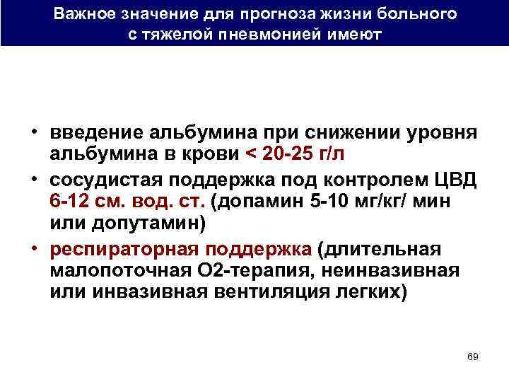 Важное значение для прогноза жизни больного с тяжелой пневмонией имеют • введение альбумина при