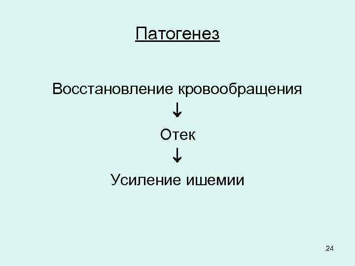 Патогенез Восстановление кровообращения Отек Усиление ишемии 24 