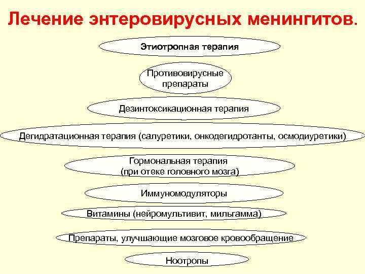Лечение энтеровирусных менингитов. Этиотропная терапия Противовирусные препараты Дезинтоксикационная терапия Дегидратационная терапия (салуретики, онкодегидротанты, осмодиуретики)