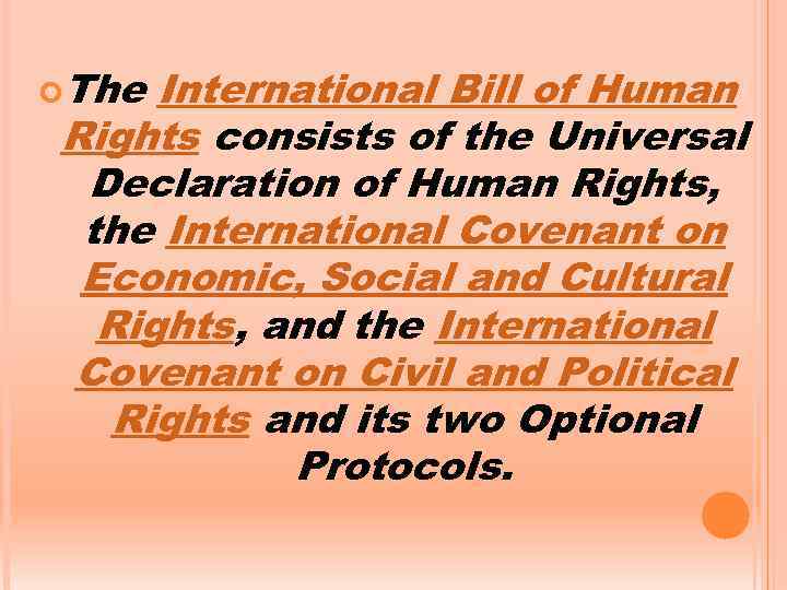  The International Bill of Human Rights consists of the Universal Declaration of Human