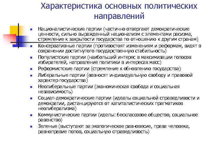 Характеристика основных политических направлений n n n n n Националистические партии (частично отвергают демократические