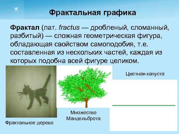 Фрактальная графика Фрактал (лат. fractus — дробленый, сломанный, Фрактал разбитый) — сложная геометрическая фигура,