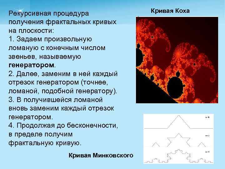 Рекурсивная процедура получения фрактальных кривых на плоскости: 1. Задаем произвольную ломаную с конечным числом