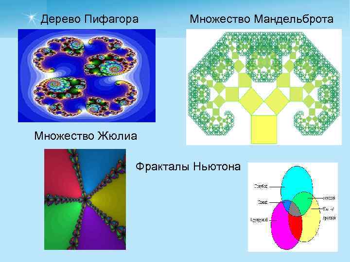 Дерево Пифагора Множество Мандельброта Множество Жюлиа Фракталы Ньютона 